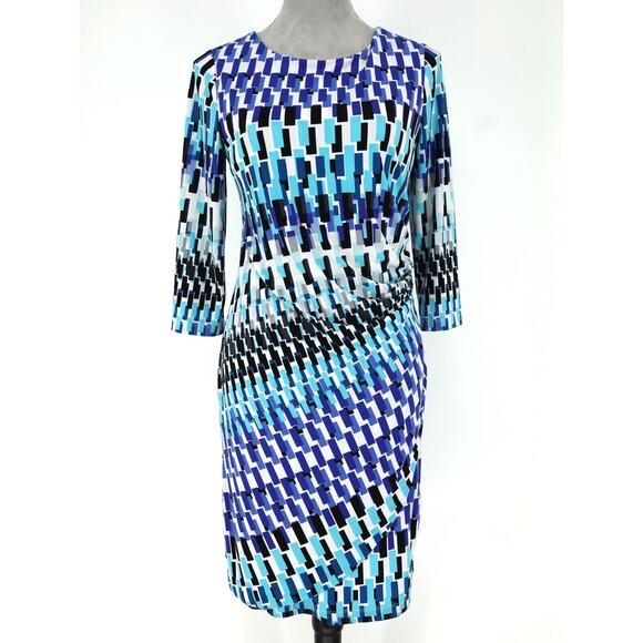 Chicos Dress 0 Womens 4 Small Blue White Stretch Knit Side Ruched Corpcore - Picture 1 of 14
